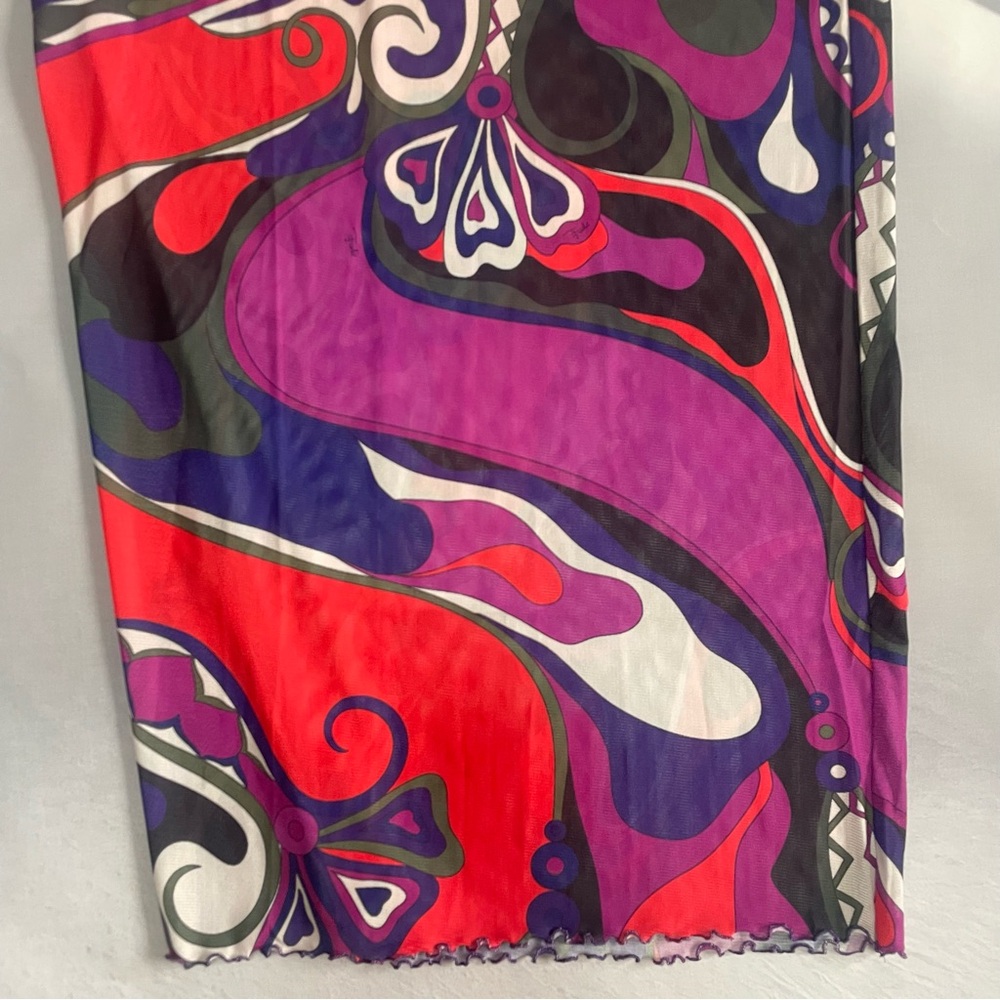 Emilio Pucci Vibrant Abstract Print Turtleneck Sheer Mesh Flared Maxi Dress - Picture 4 of 8
